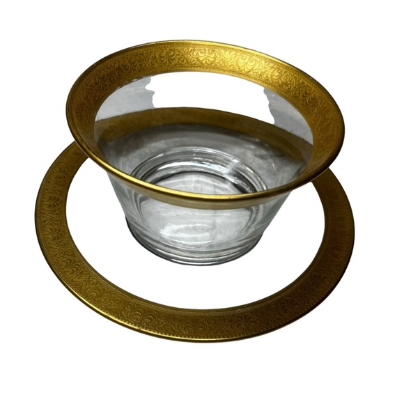 Tiffin Bowl and Saucer Clear Glass with Gold Embossed Rim Vintage - Picture 4 of 9